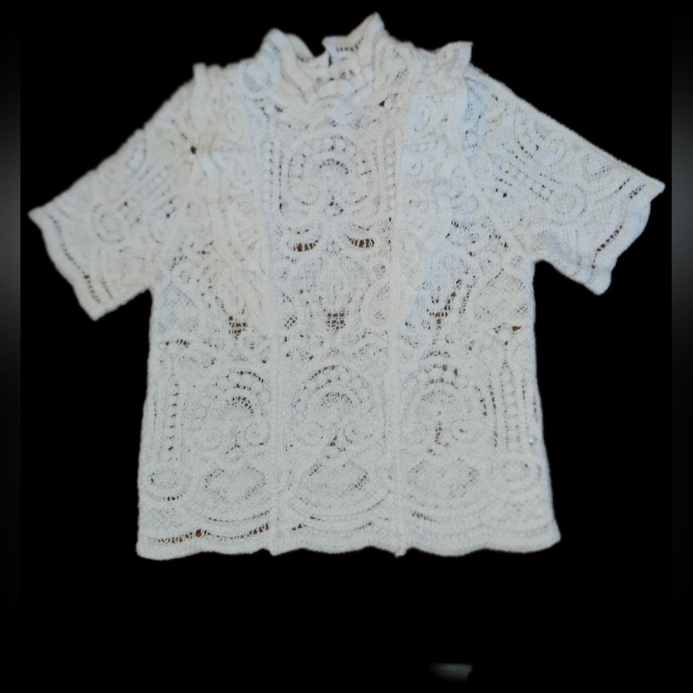 Bluivy White Open Weave Crochet Short Sleeve High Neck Victorian Top Blouse Sz L